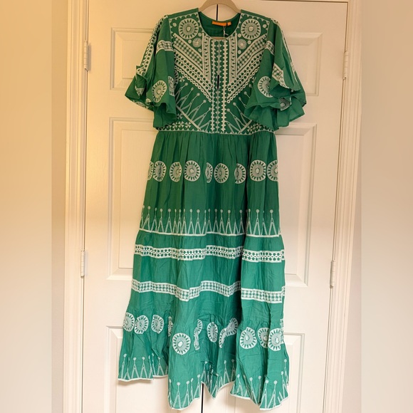 Oliphant Dresses & Skirts - Oliphant Green Maxi Dress with White Embroidery